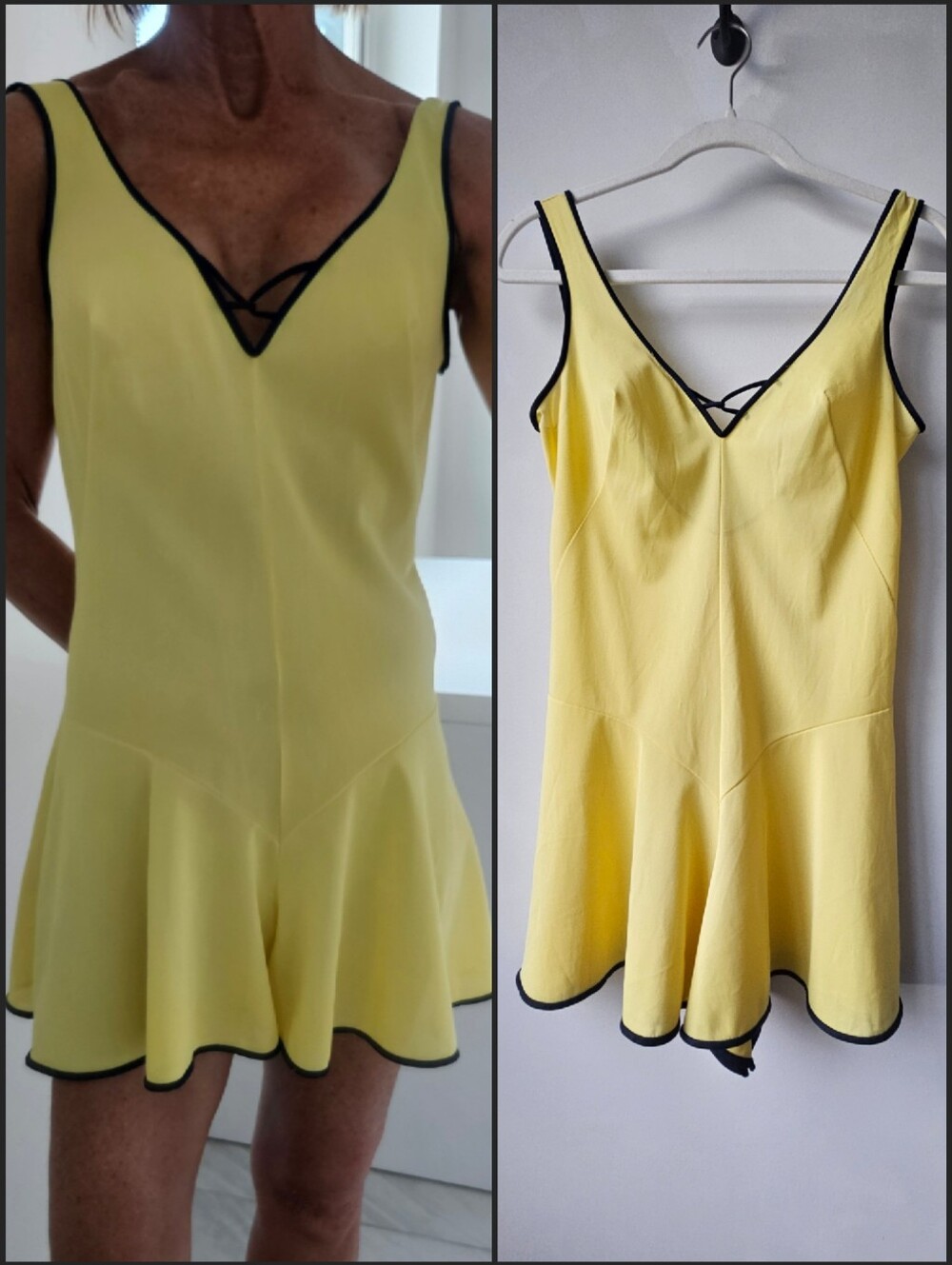 Vintage Formfit Rogers 1970's Yellow Navy Trim Nylon Bullet Tap Skirt Teddy
